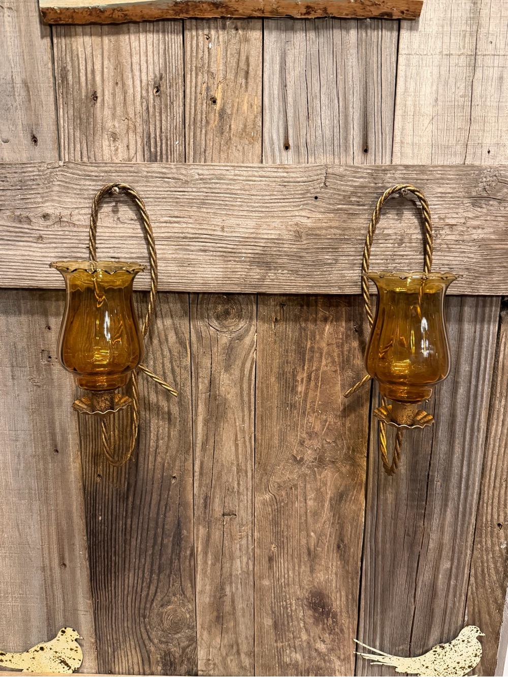 Pair of Vintage BOHO Farmhouse Ruffled Amber Glass Wall Sconces